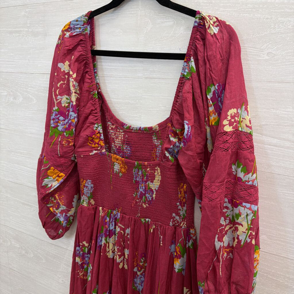 Free People Purple/ Multi Print Long Sleeve Smocked Top Maxi Dress Medium