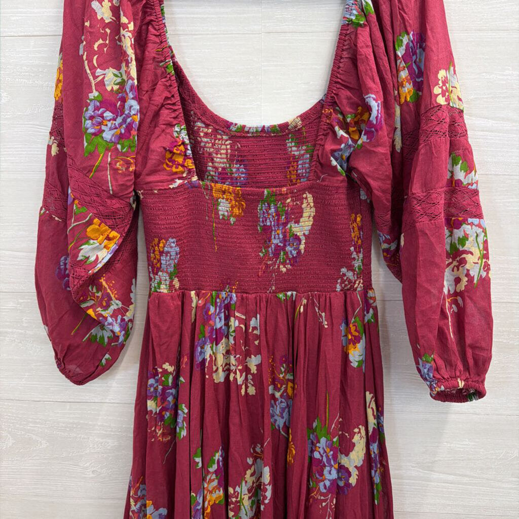 Free People Purple/ Multi Print Long Sleeve Smocked Top Maxi Dress Medium