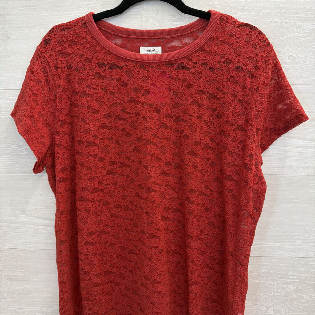 Aerie REd Lace Short Sleeve Top Extra Large
