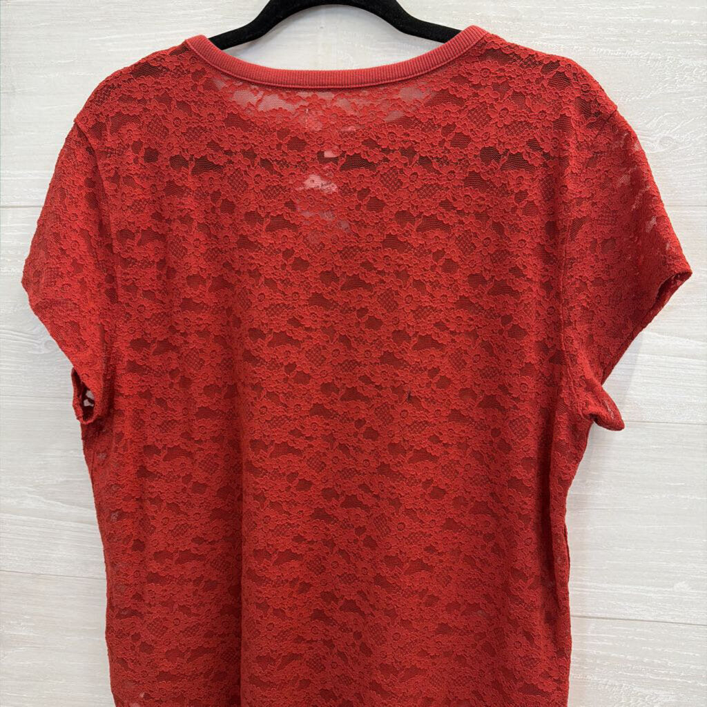 Aerie REd Lace Short Sleeve Top Extra Large