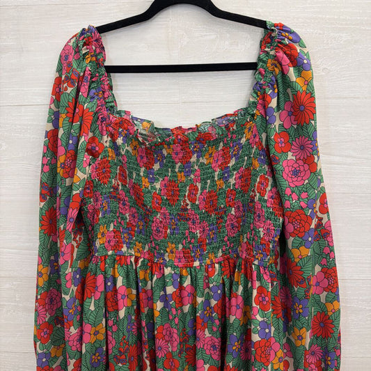 Entro White/ Multi Floral Print Long Sleeve Smocked Top Dress 2X
