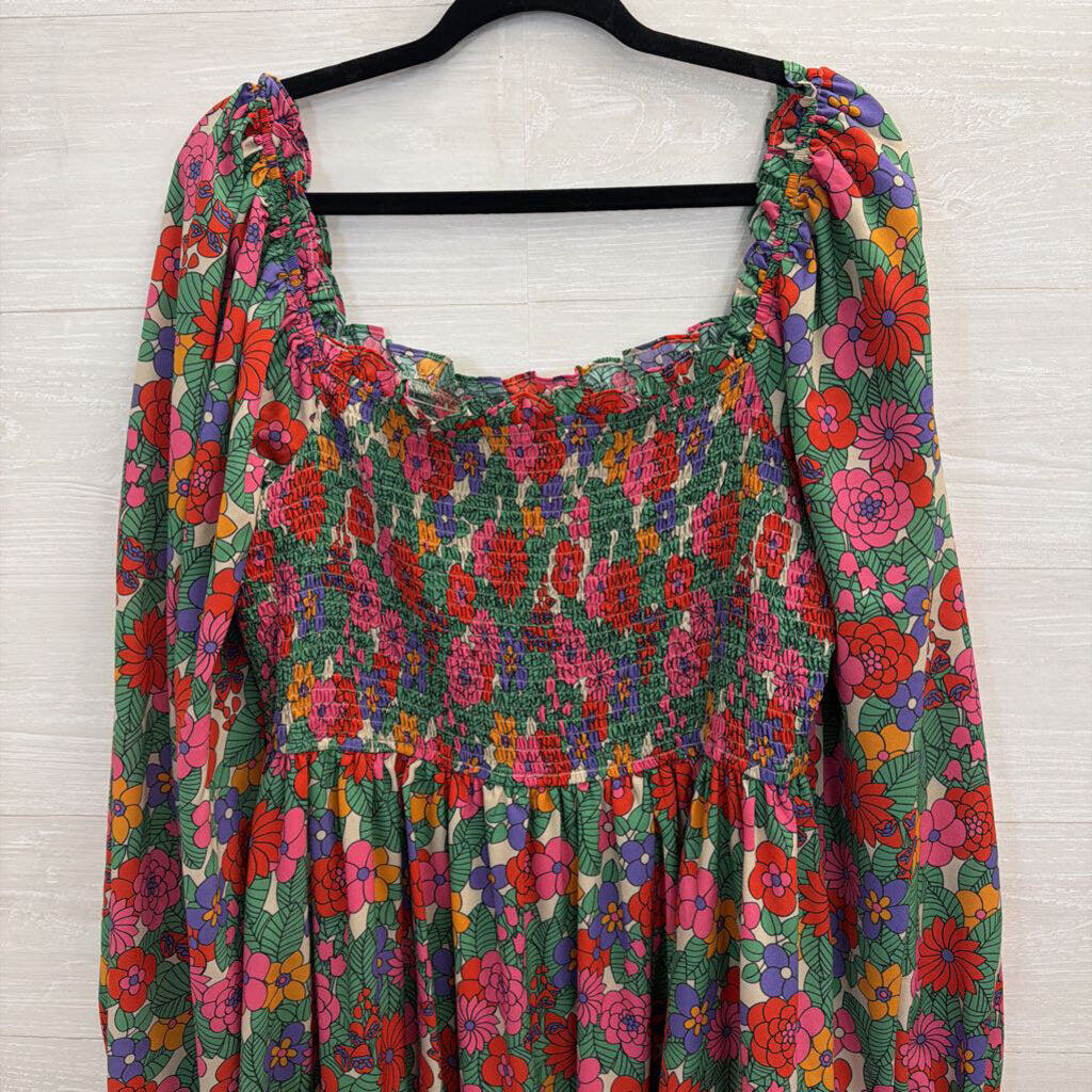 Entro White/ Multi Floral Print Long Sleeve Smocked Top Dress 2X