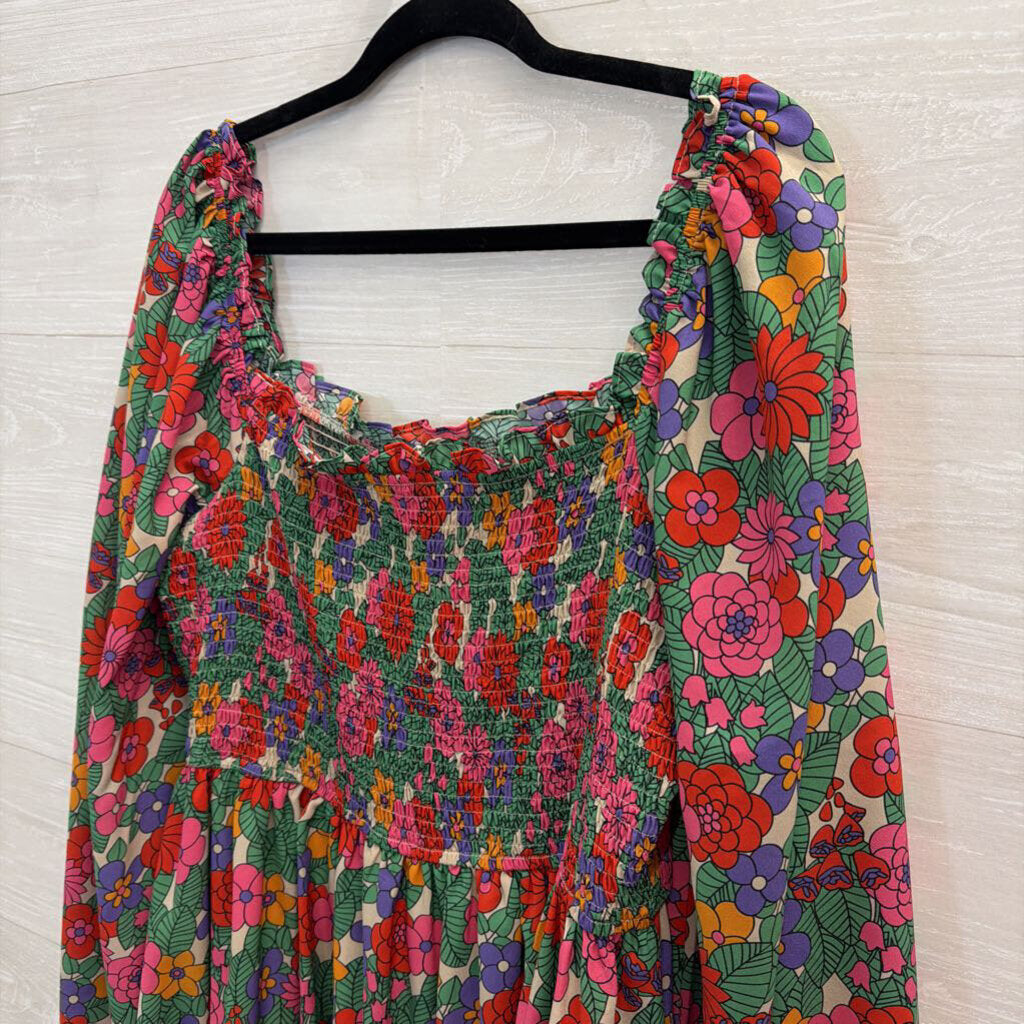 Entro White/ Multi Floral Print Long Sleeve Smocked Top Dress 2X