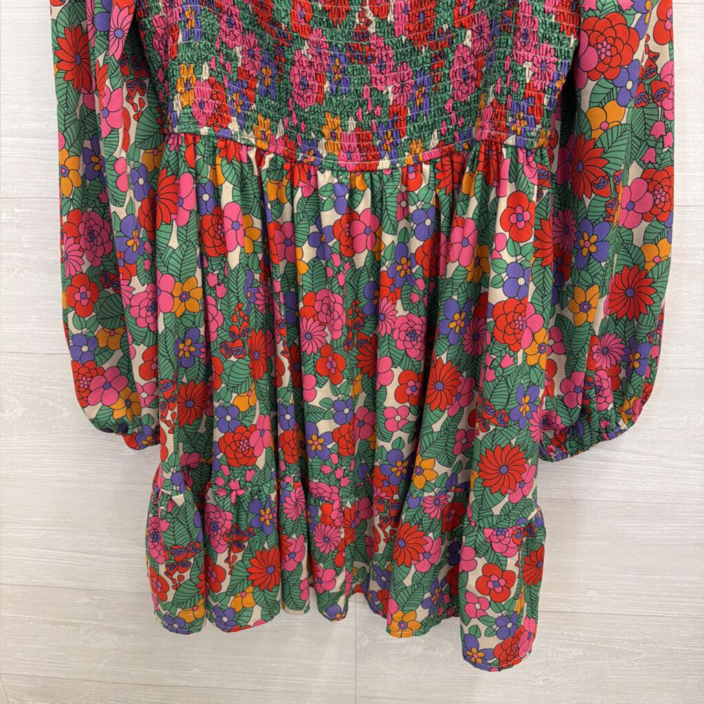 Entro White/ Multi Floral Print Long Sleeve Smocked Top Dress 2X