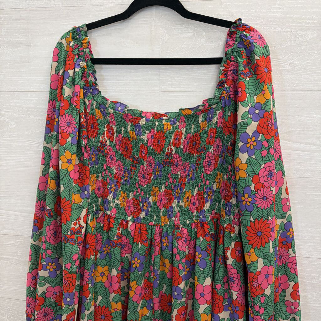 Entro White/ Multi Floral Print Long Sleeve Smocked Top Dress 2X