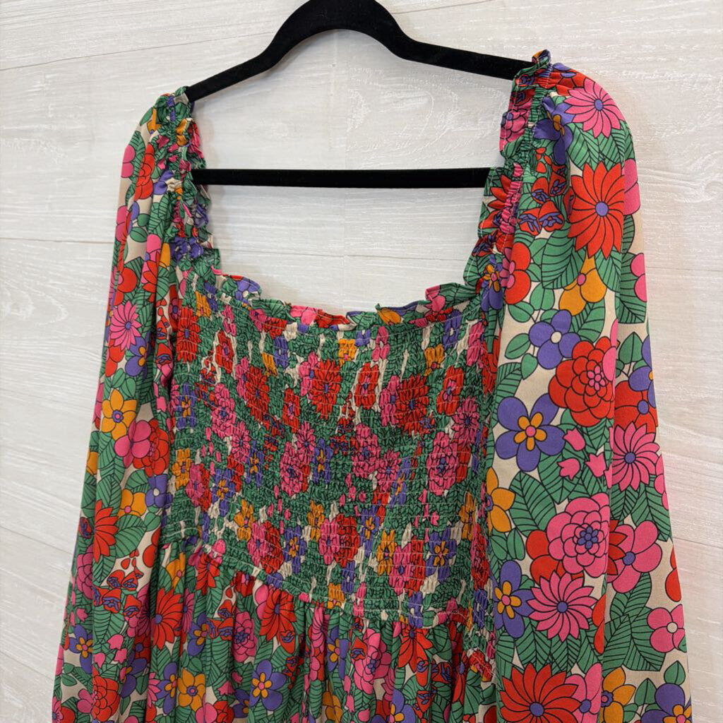 Entro White/ Multi Floral Print Long Sleeve Smocked Top Dress 2X
