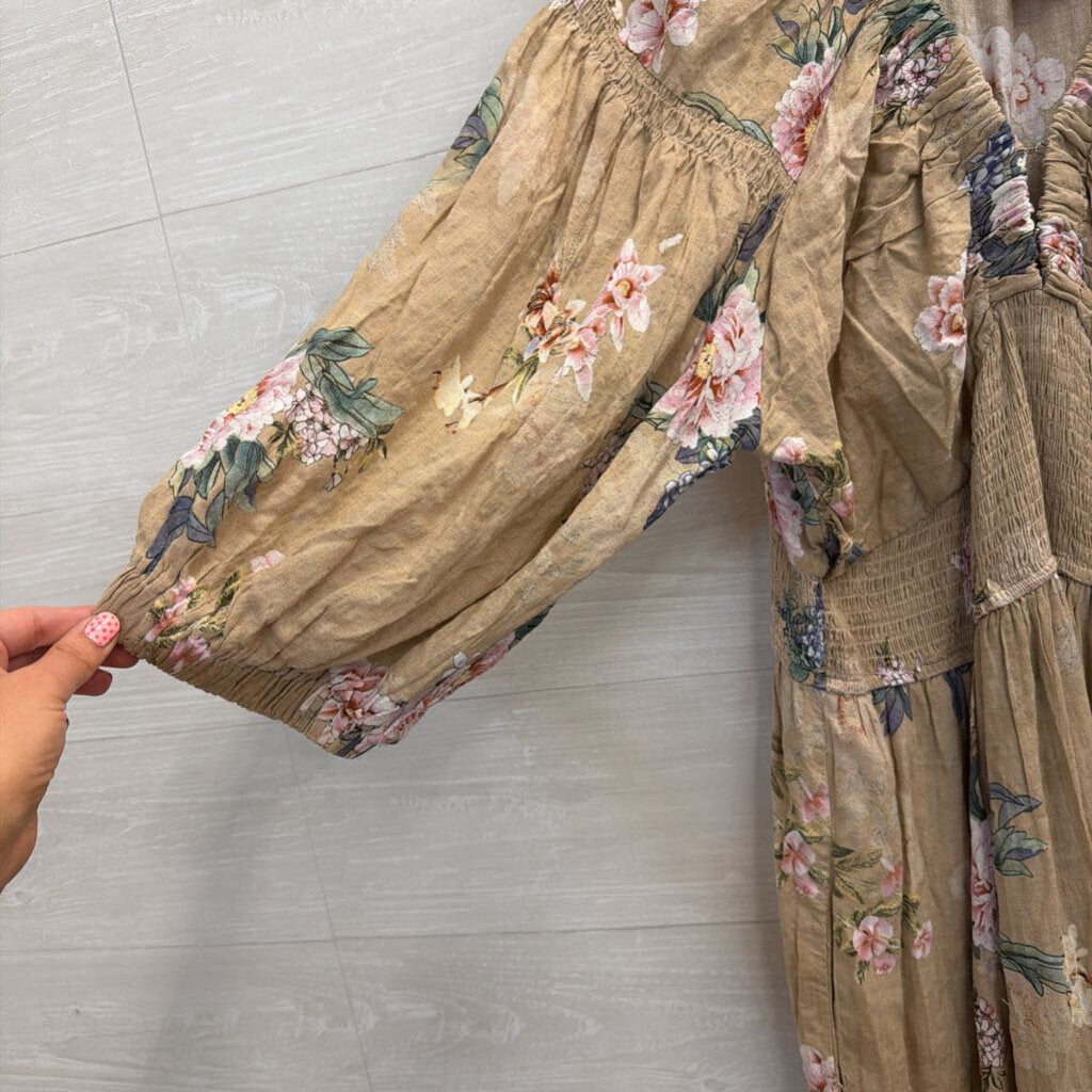 Davi and Dani Brown/ Multi Floral Print Long Sleeve Maxi Dress 2XL