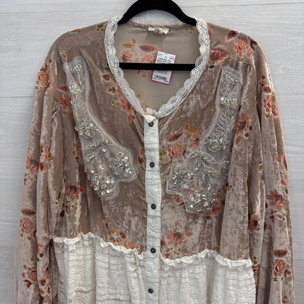 POL White/ Pink Velour Print Embellished Lace Hem Long Sleeve Top Medium
