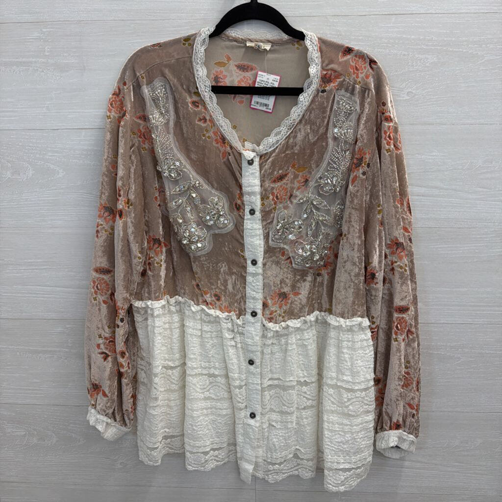 POL White/ Pink Velour Print Embellished Lace Hem Long Sleeve Top Medium