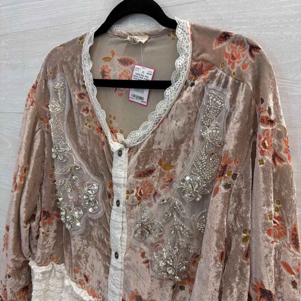 POL White/ Pink Velour Print Embellished Lace Hem Long Sleeve Top Medium