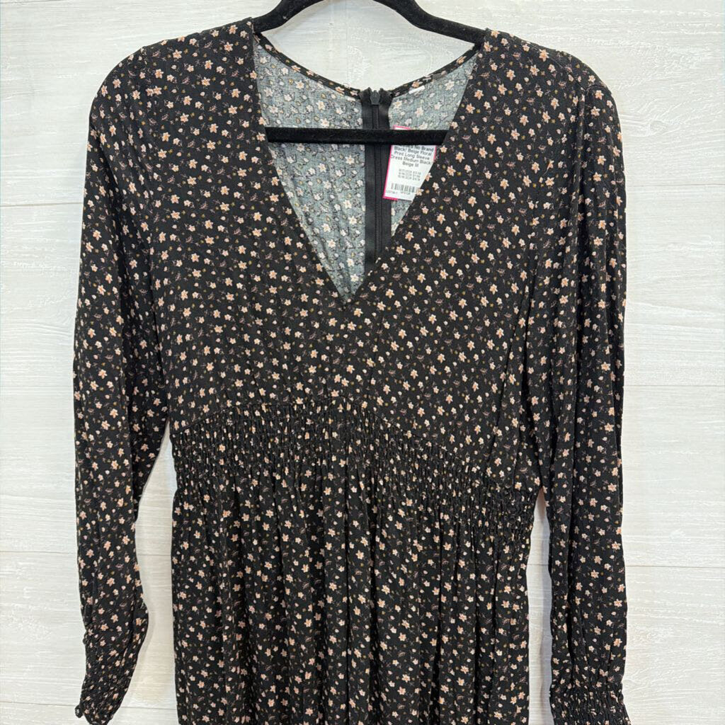 Black/ Beige Floral Print Long Sleeve Dress Medium