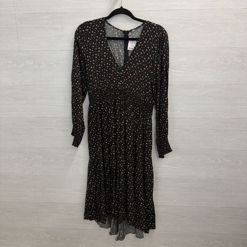 Black/ Beige Floral Print Long Sleeve Dress Medium