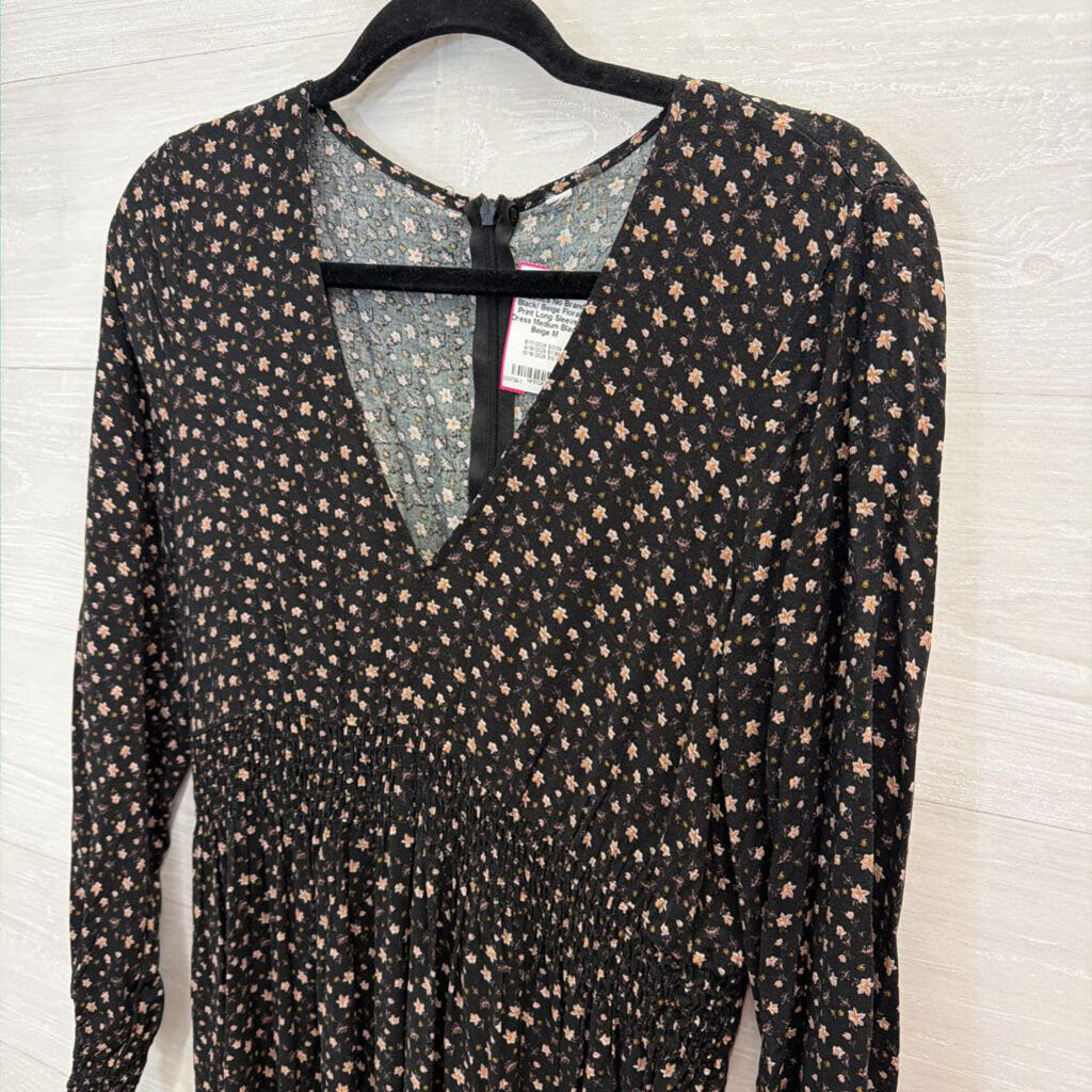Black/ Beige Floral Print Long Sleeve Dress Medium