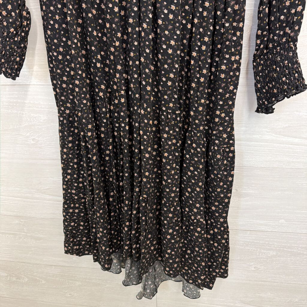 Black/ Beige Floral Print Long Sleeve Dress Medium