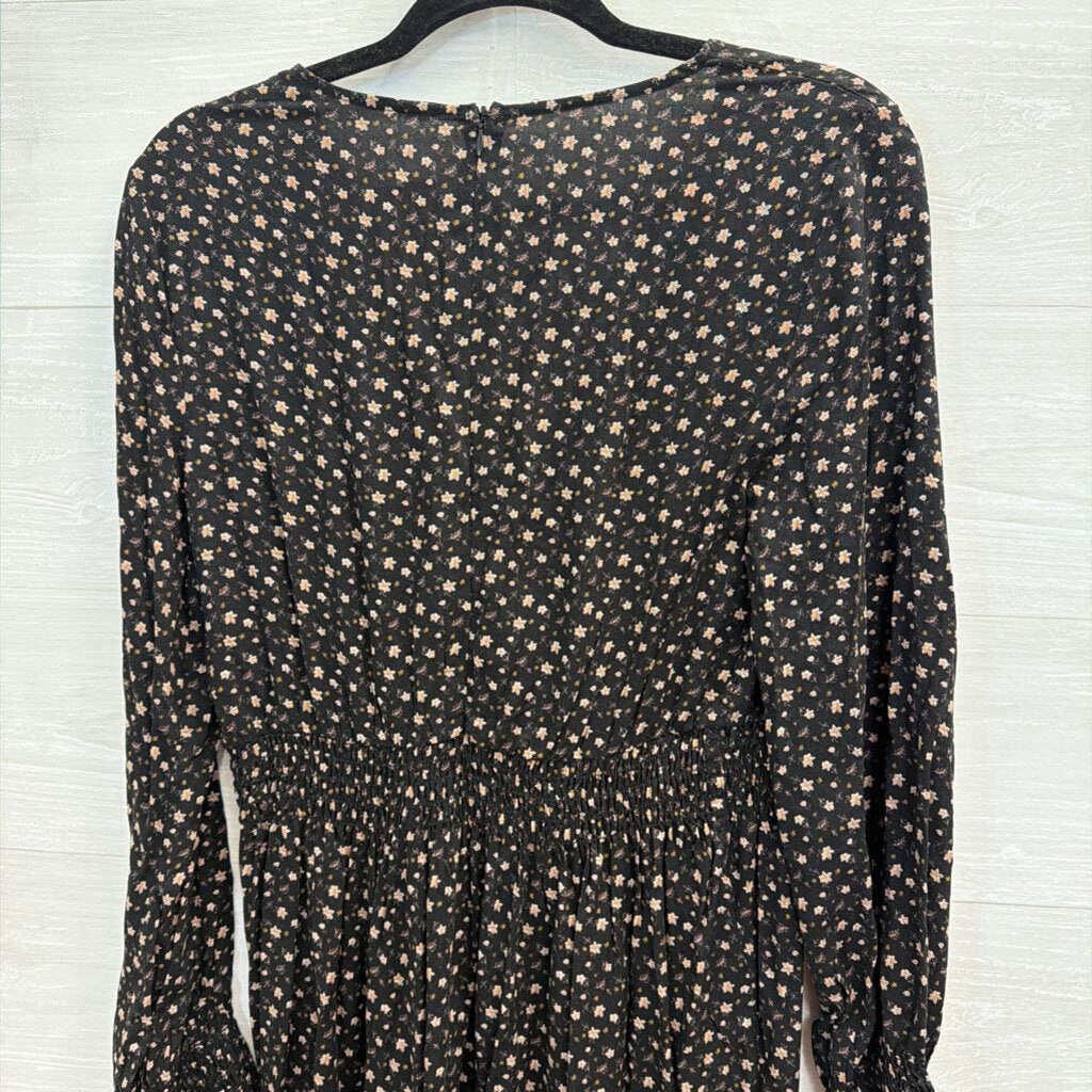 Black/ Beige Floral Print Long Sleeve Dress Medium