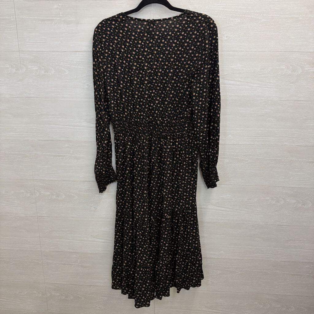 Black/ Beige Floral Print Long Sleeve Dress Medium