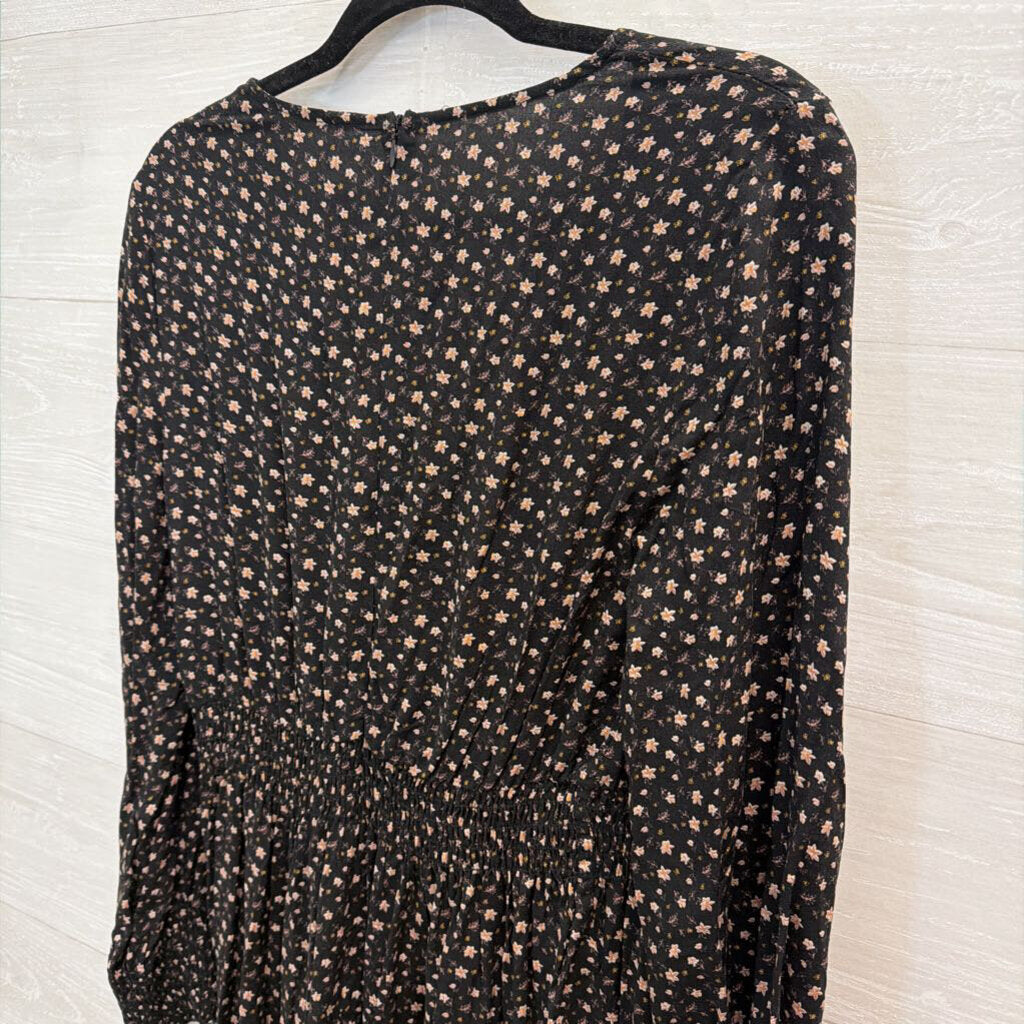 Black/ Beige Floral Print Long Sleeve Dress Medium