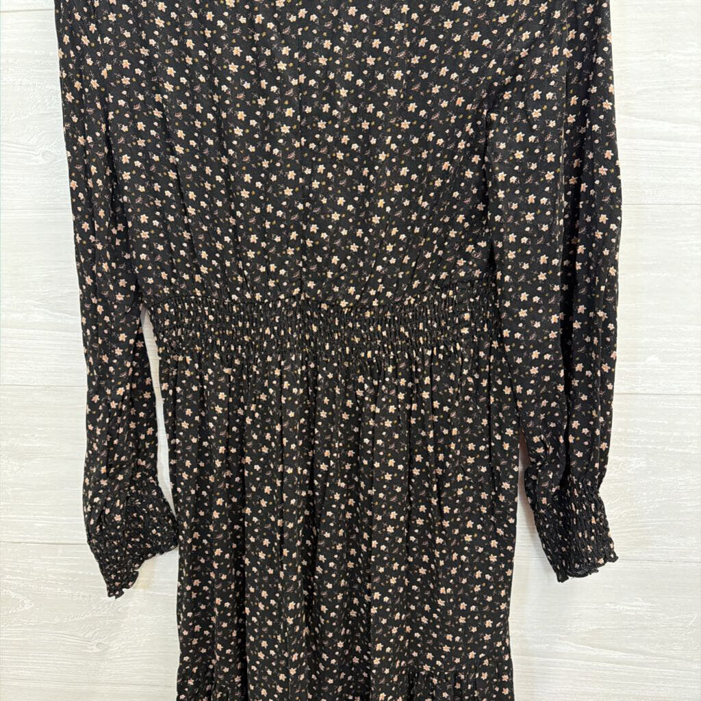 Black/ Beige Floral Print Long Sleeve Dress Medium