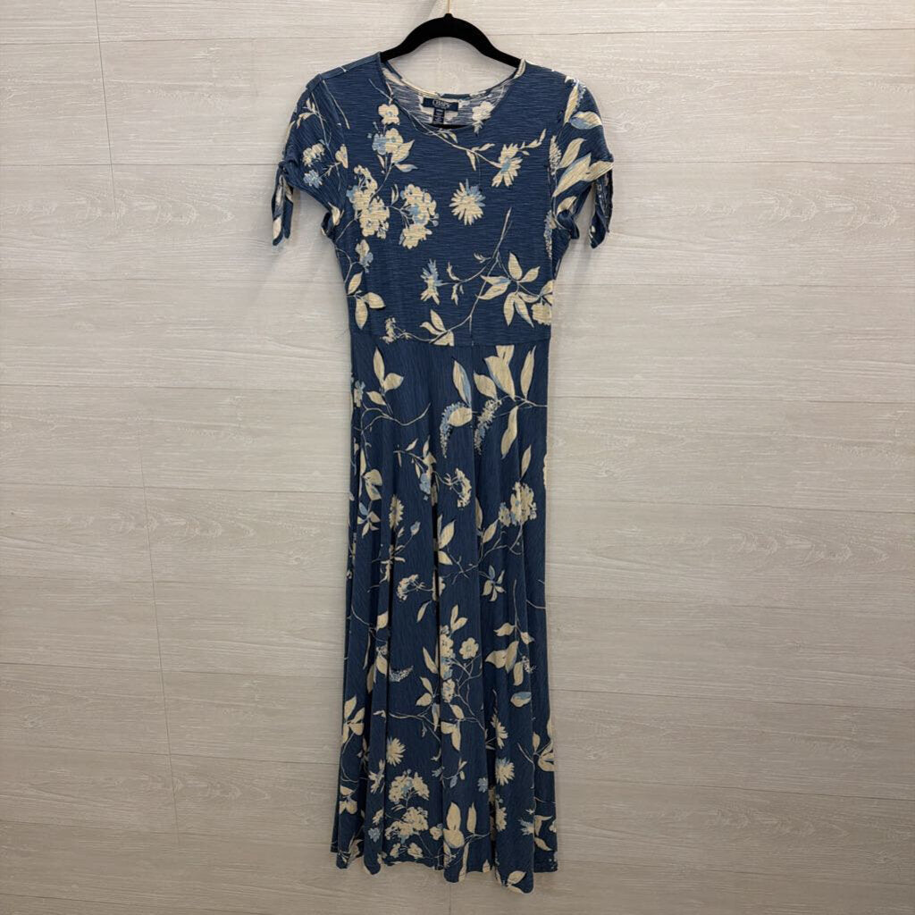 Chaps Blue/ White Print Short Sleeve Maxi Dress Small