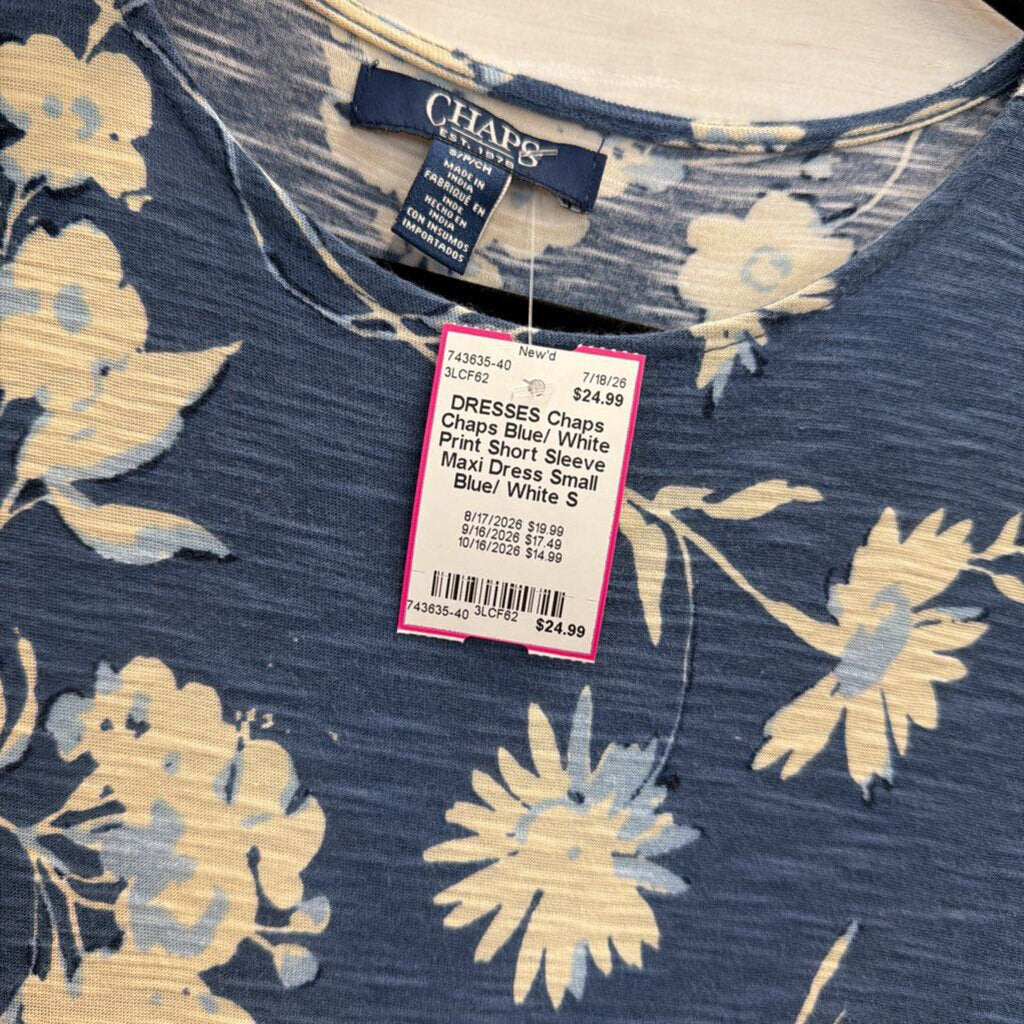 Chaps Blue/ White Print Short Sleeve Maxi Dress Small
