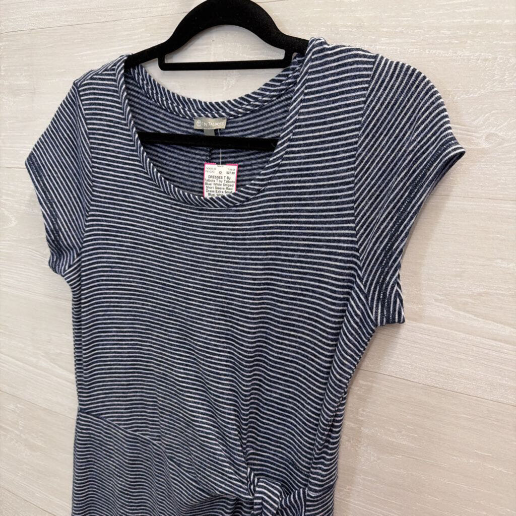 T by Talbots Blue/ White Striped Short Sleeve Maxi Dress Extra Small