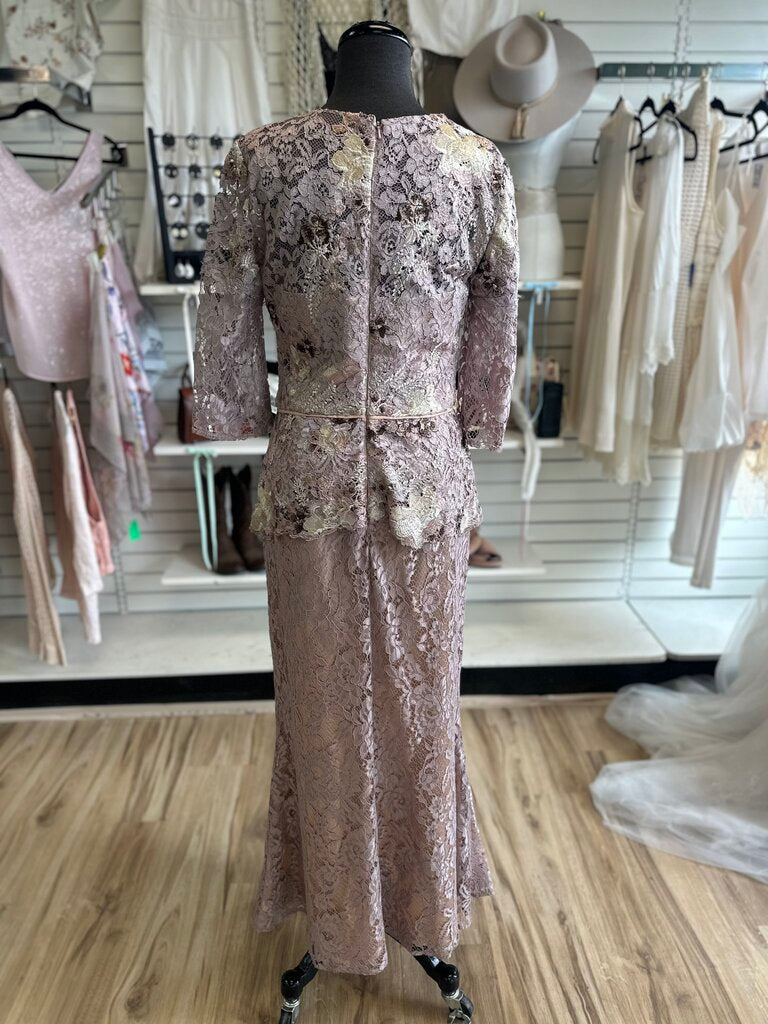JS Collections Mauve/ Gold Lace Long Sleeve Long Formal Dress 8