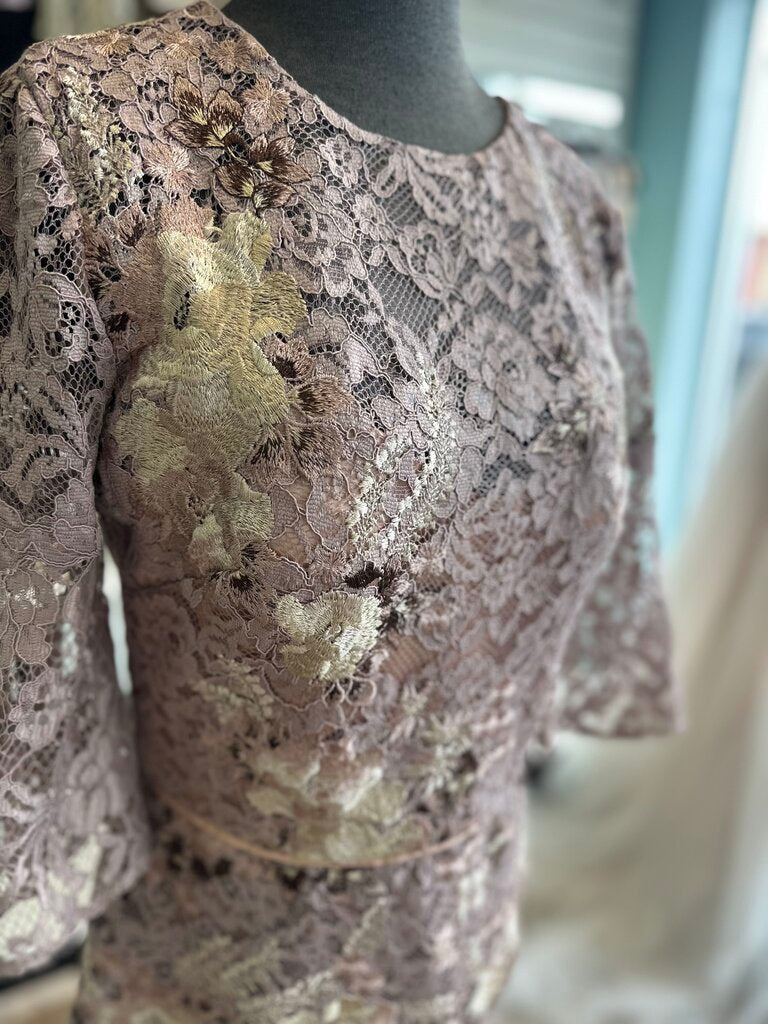 JS Collections Mauve/ Gold Lace Long Sleeve Long Formal Dress 8