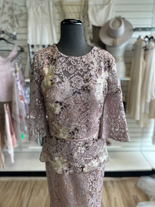 JS Collections Mauve/ Gold Lace Long Sleeve Long Formal Dress 8