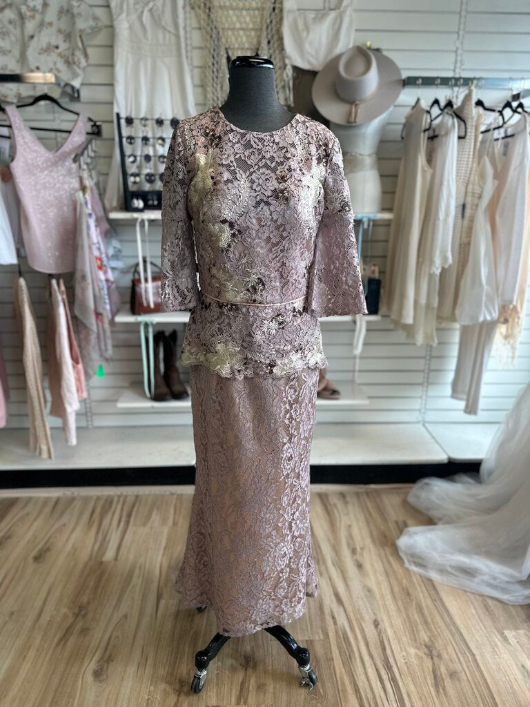 JS Collections Mauve/ Gold Lace Long Sleeve Long Formal Dress 8