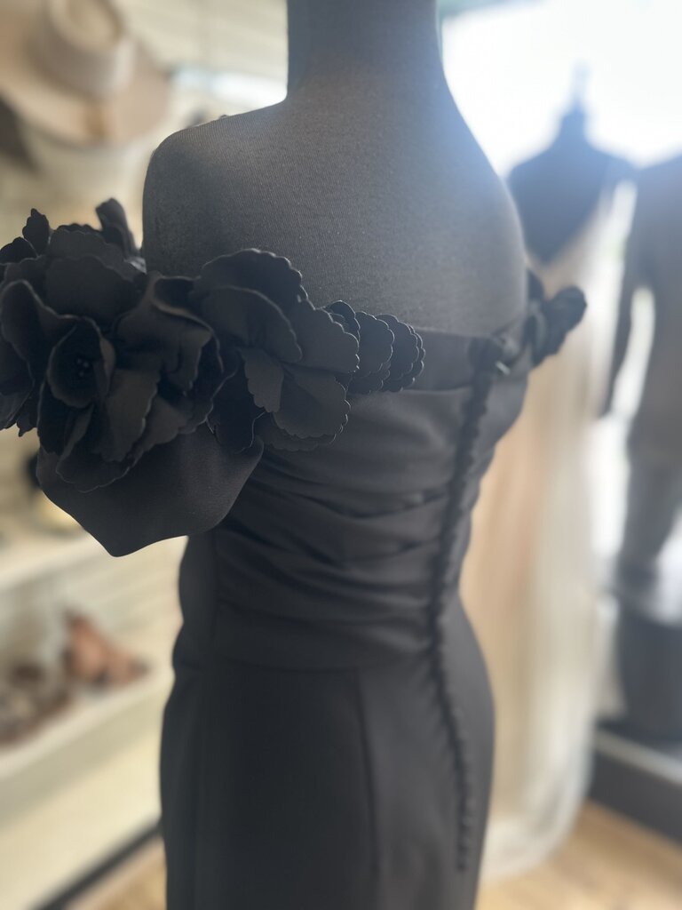 Gia Franco Black Floral Off Shoulder Neckline Long Formal Dress 8