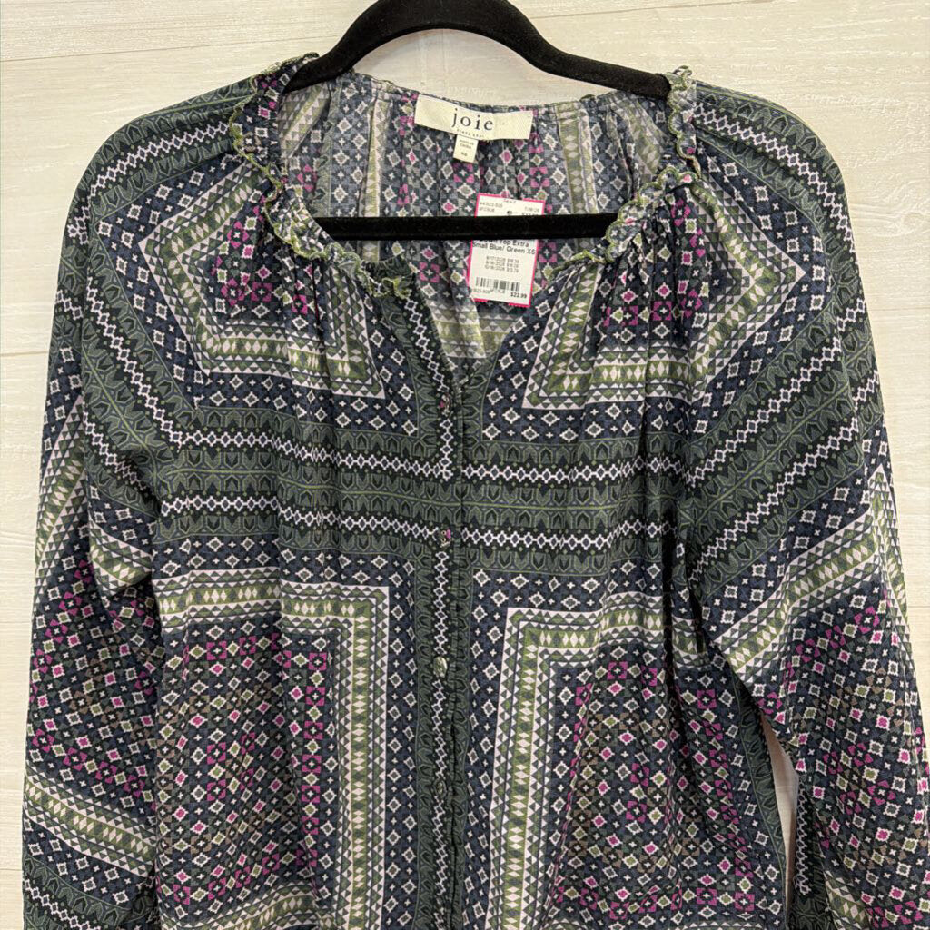 Joie Blue/ Green Print Long Sleeve Button Down Top Extra Small