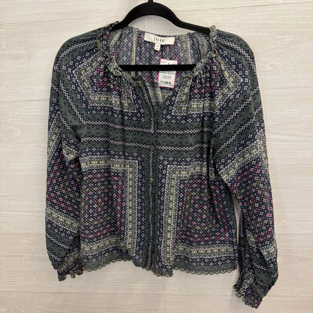 Joie Blue/ Green Print Long Sleeve Button Down Top Extra Small