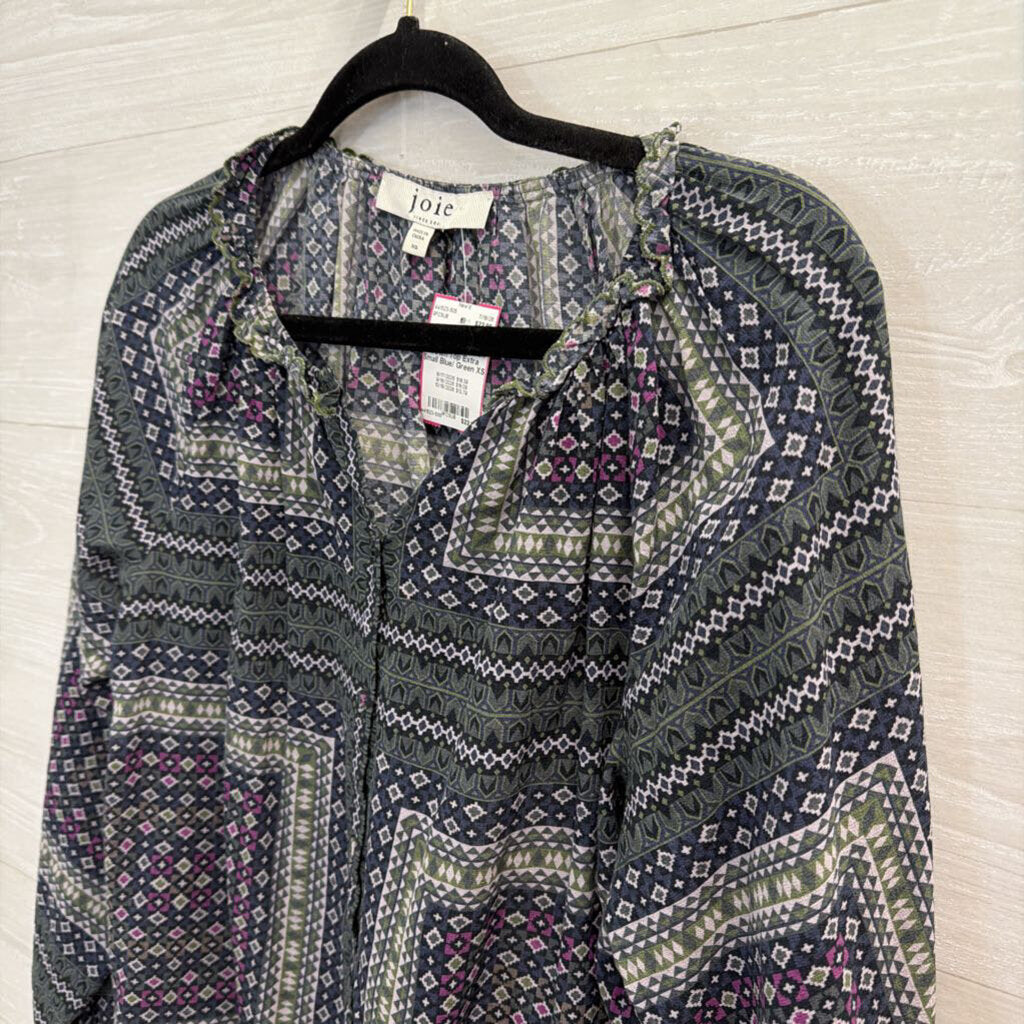 Joie Blue/ Green Print Long Sleeve Button Down Top Extra Small