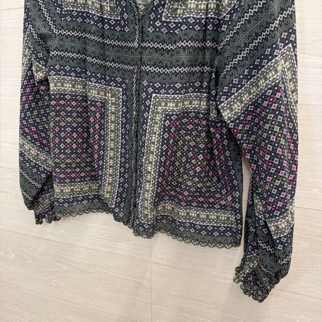 Joie Blue/ Green Print Long Sleeve Button Down Top Extra Small