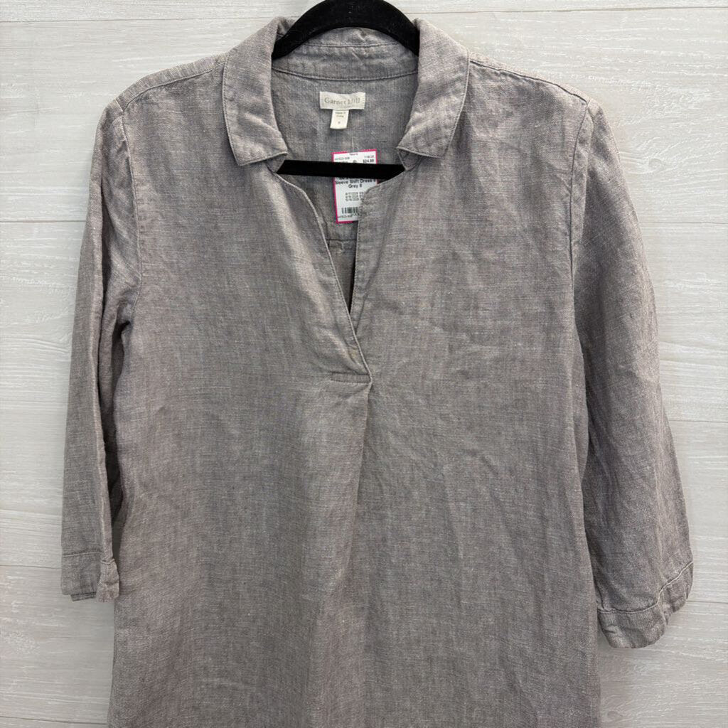 Garnet Hill Grey 100% Linen Long Sleeve Shift Dress 8