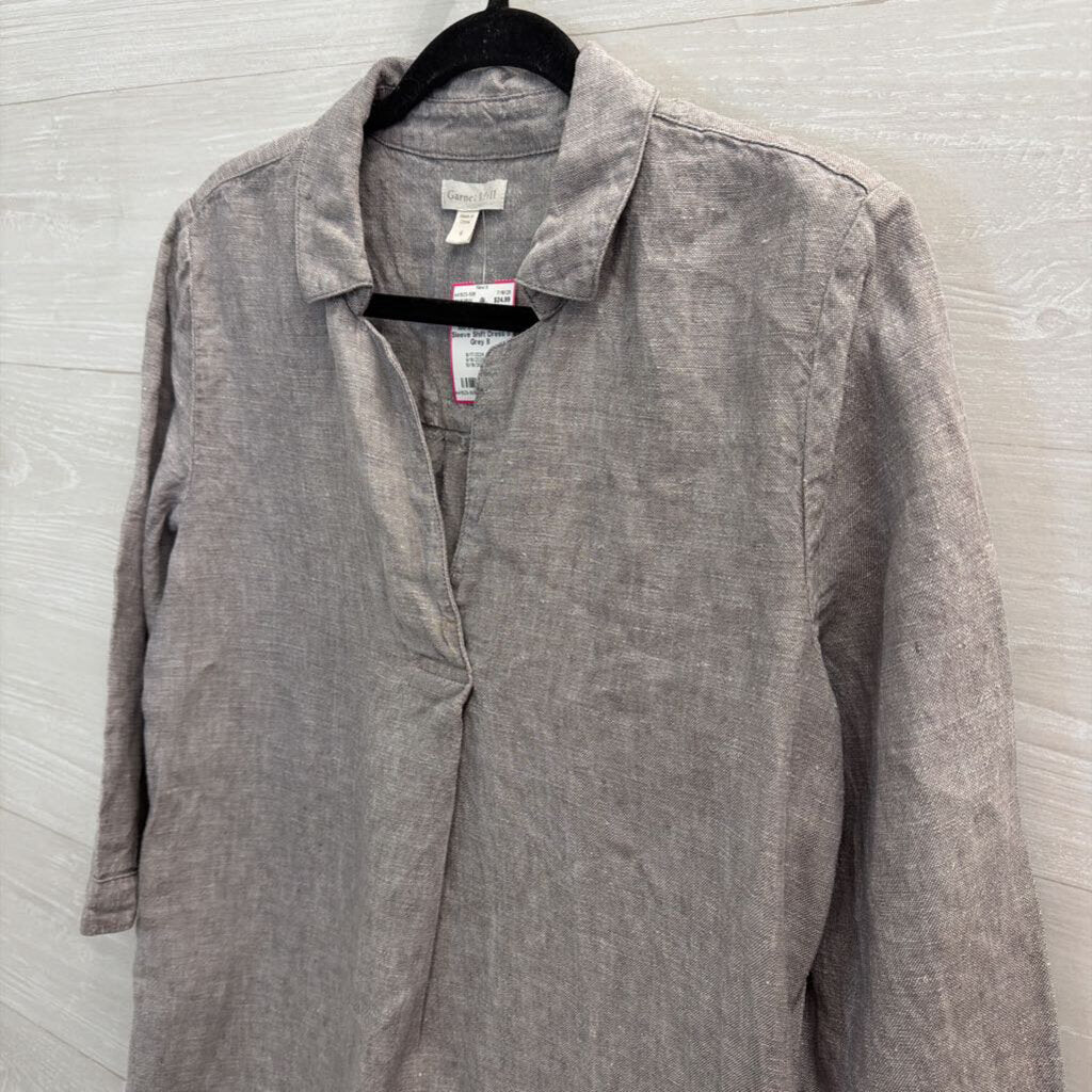 Garnet Hill Grey 100% Linen Long Sleeve Shift Dress 8