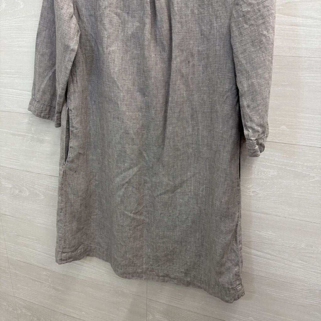 Garnet Hill Grey 100% Linen Long Sleeve Shift Dress 8