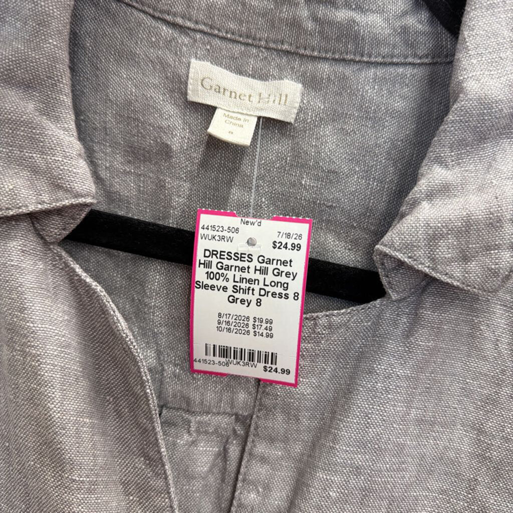 Garnet Hill Grey 100% Linen Long Sleeve Shift Dress 8