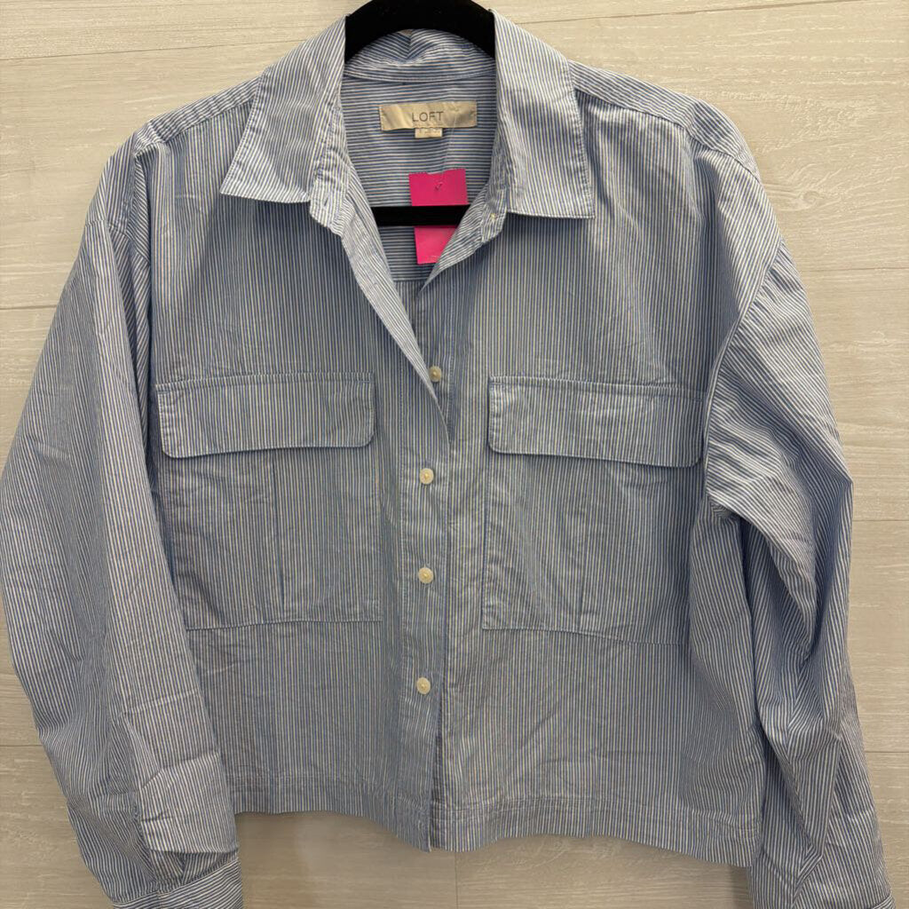 Loft Blue/ White Striped Cropped Long Sleeve Button Down Top Small