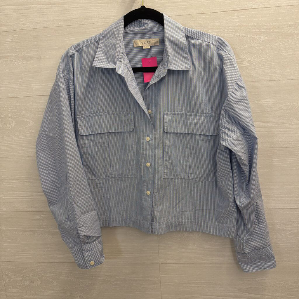 Loft Blue/ White Striped Cropped Long Sleeve Button Down Top Small