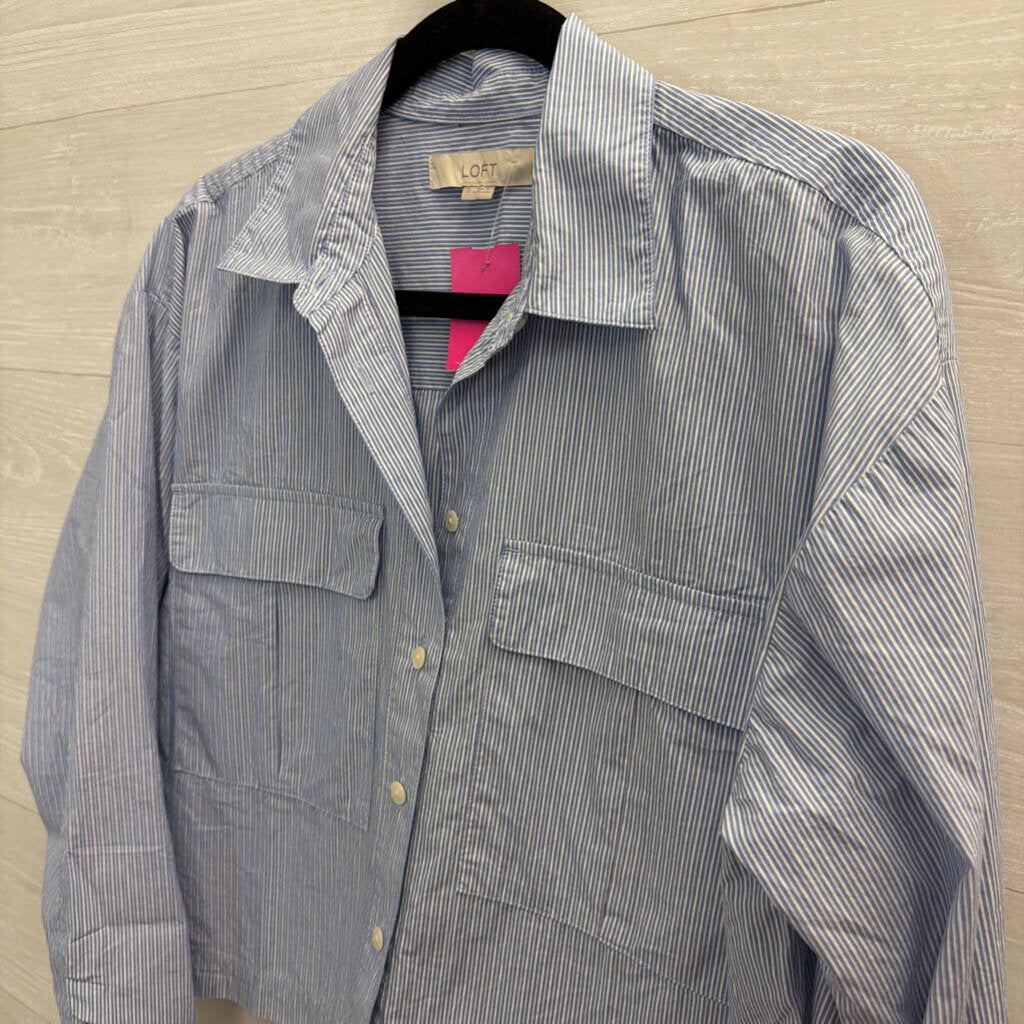 Loft Blue/ White Striped Cropped Long Sleeve Button Down Top Small