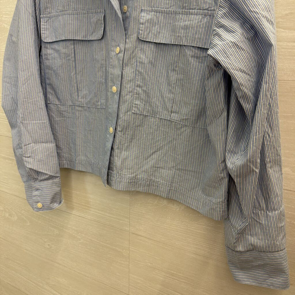 Loft Blue/ White Striped Cropped Long Sleeve Button Down Top Small