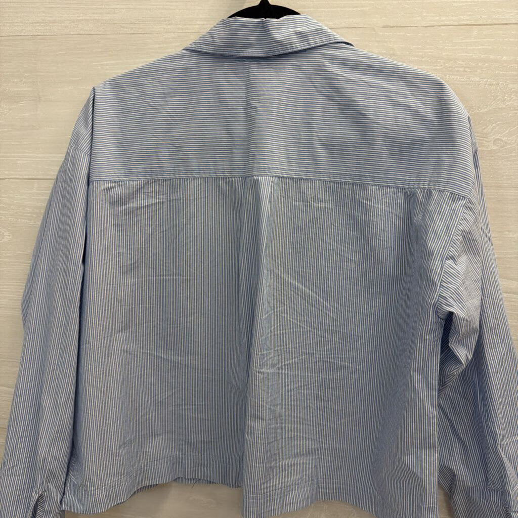 Loft Blue/ White Striped Cropped Long Sleeve Button Down Top Small