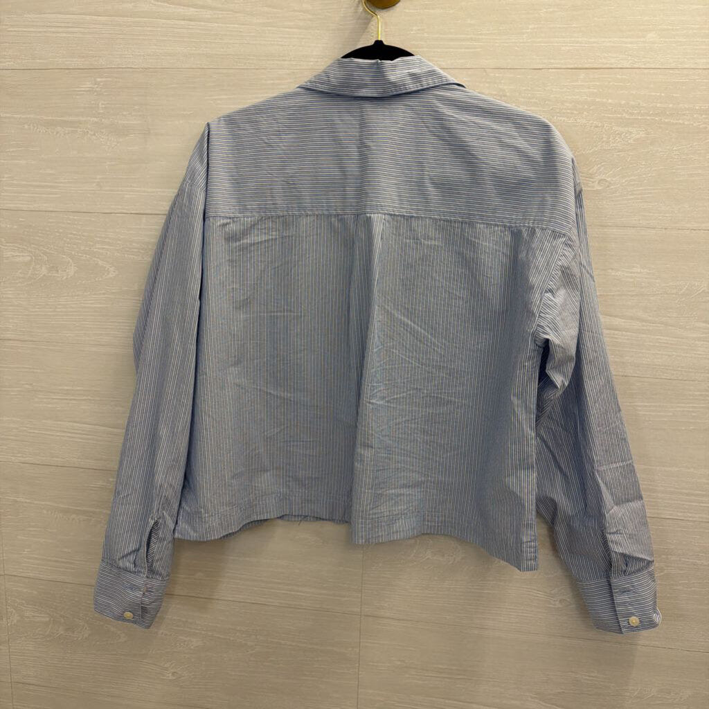 Loft Blue/ White Striped Cropped Long Sleeve Button Down Top Small