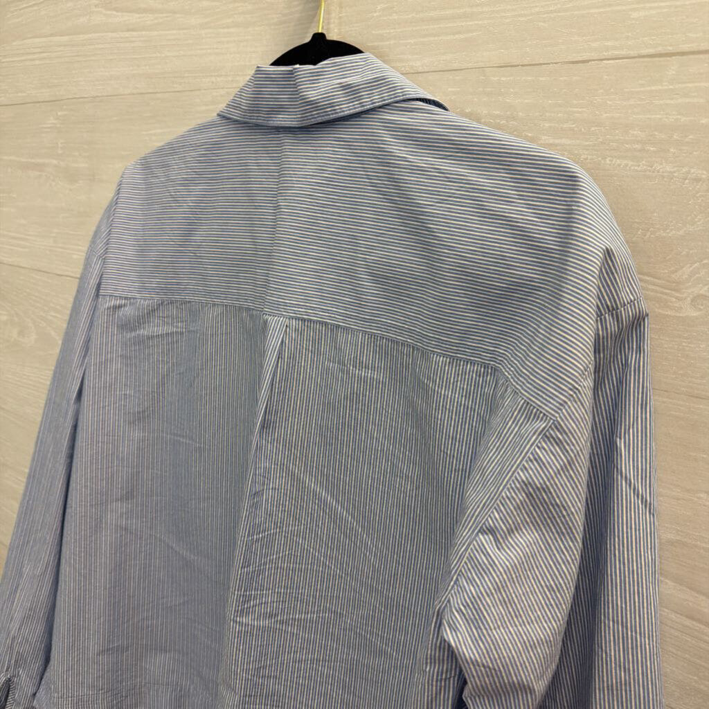 Loft Blue/ White Striped Cropped Long Sleeve Button Down Top Small