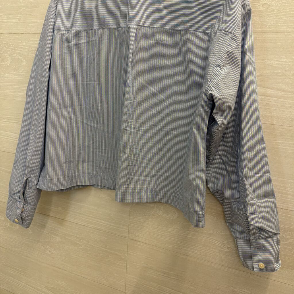 Loft Blue/ White Striped Cropped Long Sleeve Button Down Top Small