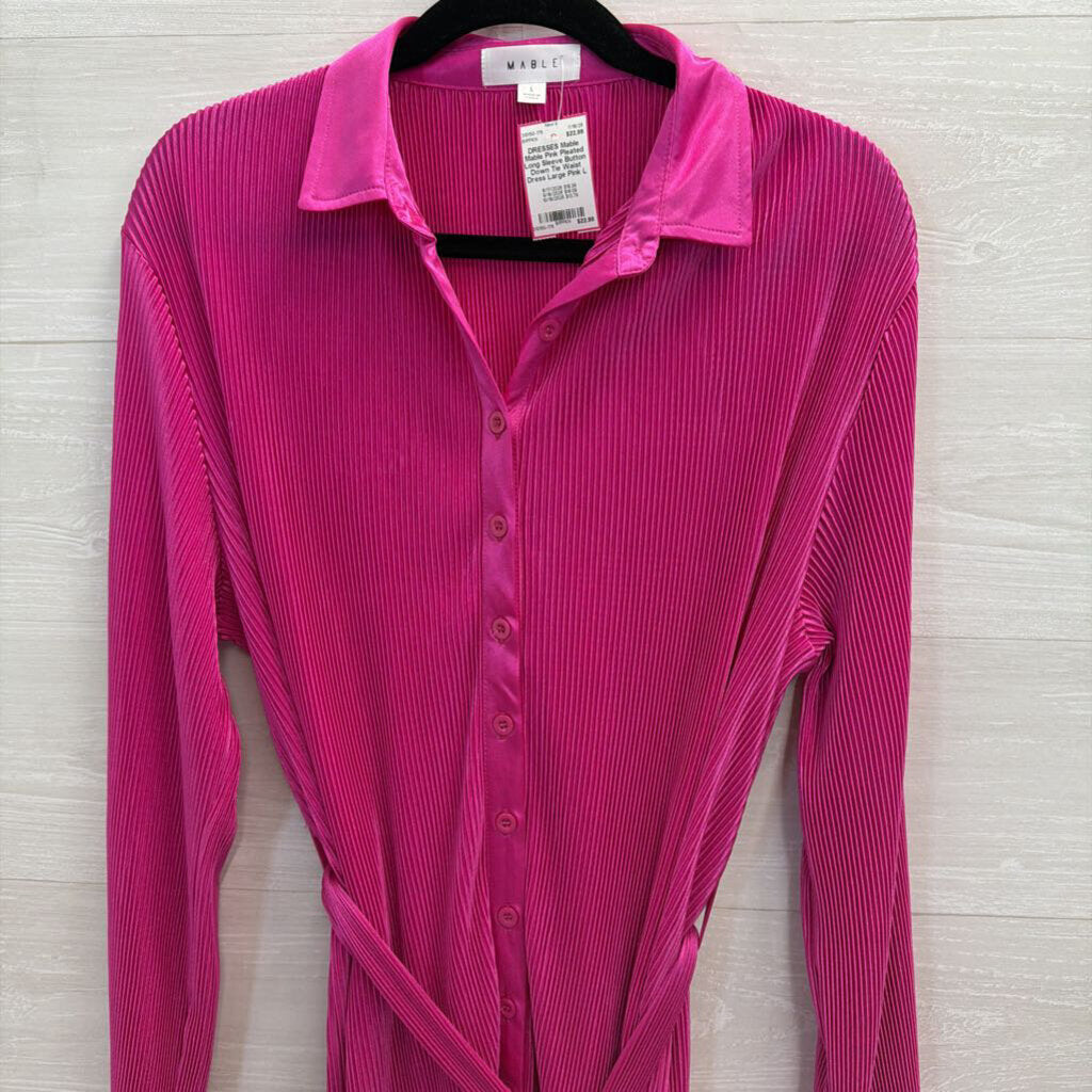 Mable Pink Pleated Long Sleeve Button Down Tie Waist Dress Large
