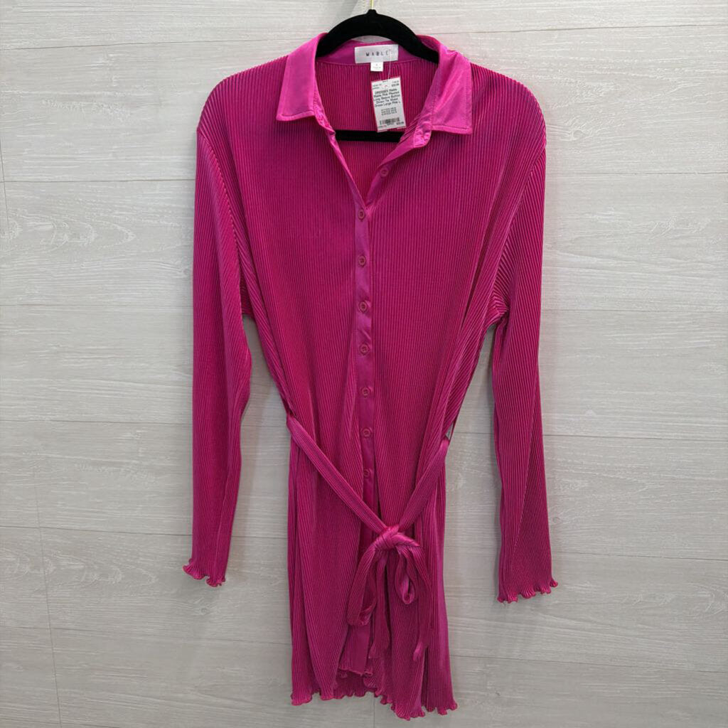 Mable Pink Pleated Long Sleeve Button Down Tie Waist Dress Large