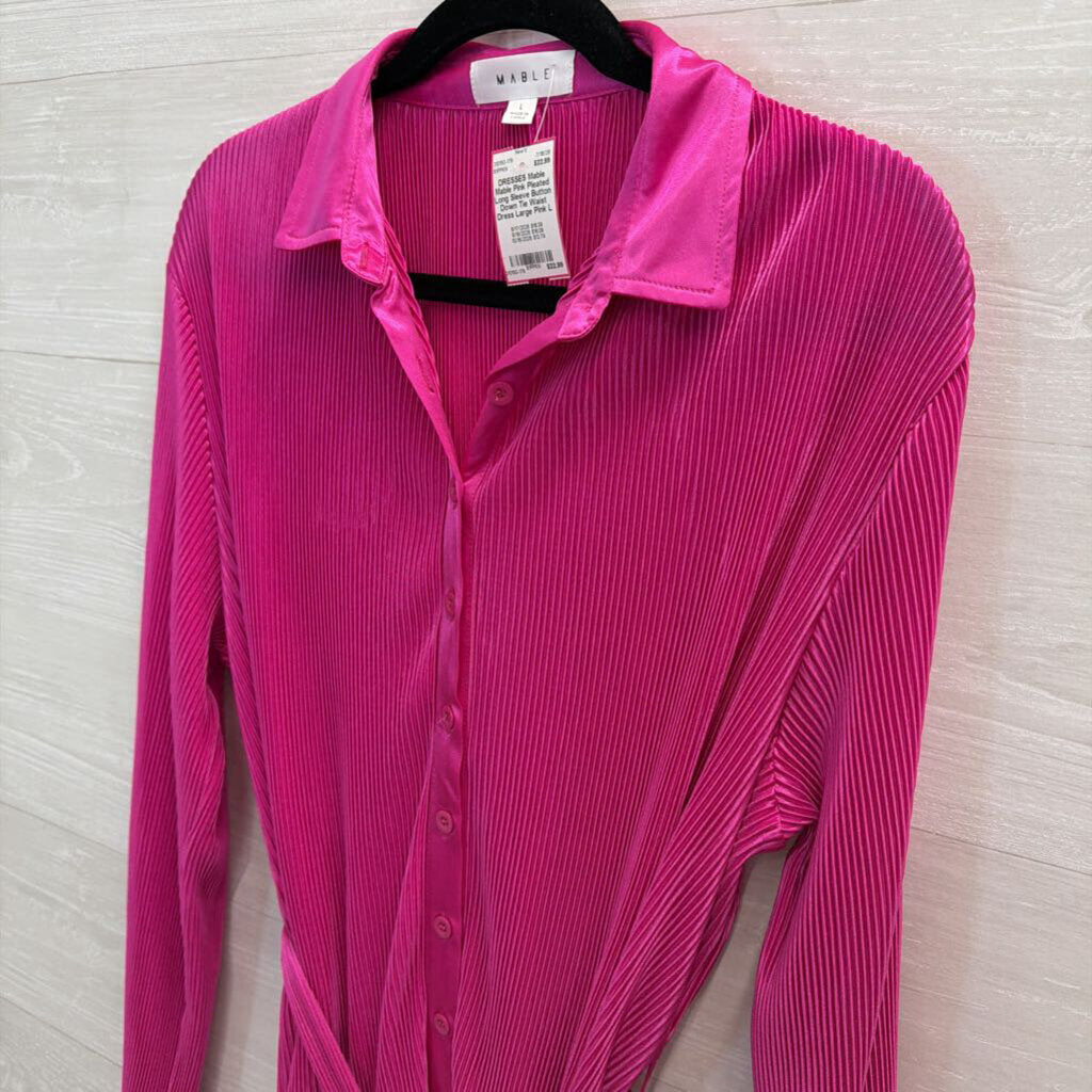 Mable Pink Pleated Long Sleeve Button Down Tie Waist Dress Large