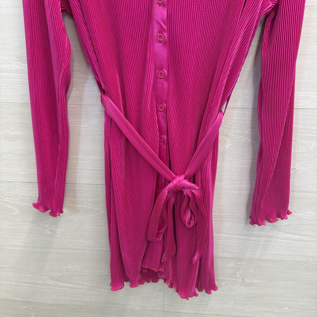 Mable Pink Pleated Long Sleeve Button Down Tie Waist Dress Large